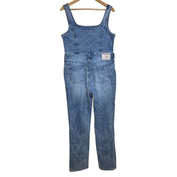 True Religion Denim Jumpsuit Womens XL Blue Front Zip Slit Distressed Overalls - Picture 3 of 14